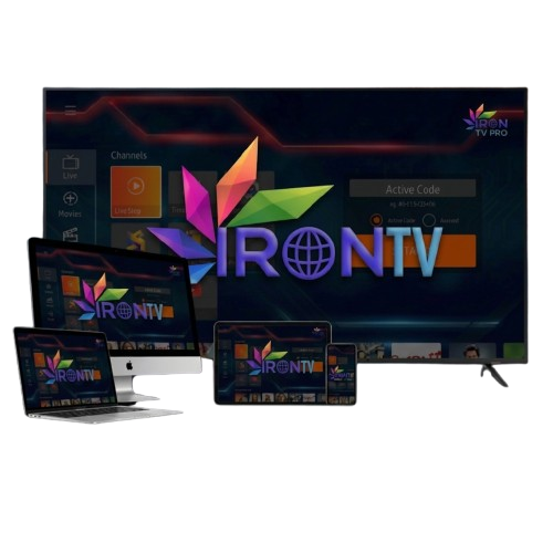 Interface de l'application IRON TV PRO sur Smart TV affichant le menu principal et les chaînes en direct