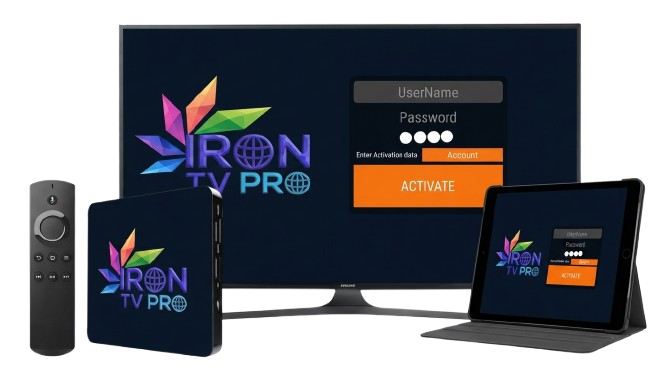 Interface d'accueil IRON TV PRO et Iron IPTV sur Smart TV avec catégories de chaînes, films et séries